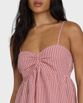 Billabong Star Glow Romper in Pink Sunset — women's cotton seersucker pull-on romper with smocked back and fitted bodice