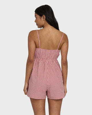 Billabong Star Glow Romper in Pink Sunset — women's cotton seersucker pull-on romper with smocked back and fitted bodice