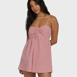 Billabong Star Glow Romper in Pink Sunset — women's cotton seersucker pull-on romper with smocked back and fitted bodice