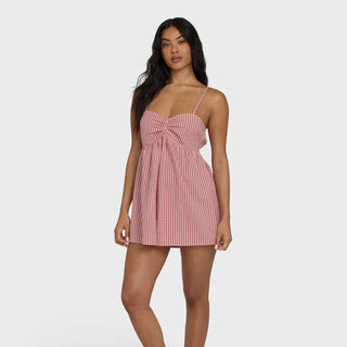 Billabong Star Glow Romper in Pink Sunset — women's cotton seersucker pull-on romper with smocked back and fitted bodice