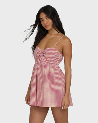 Billabong Star Glow Romper in Pink Sunset — women's cotton seersucker pull-on romper with smocked back and fitted bodice