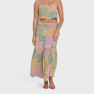 "Billabong Just a Girl Maxi Skirt in Vintage Violet — women's flowy woven pull-on maxi skirt with smocked waistband"