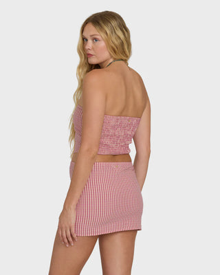 "Billabong So Micro Mini Skirt in Pink Sunset — women's lightweight woven micro-mini pull-on skirt"