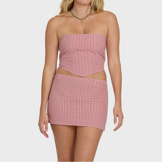 "Billabong So Micro Mini Skirt in Pink Sunset — women's lightweight woven micro-mini pull-on skirt"