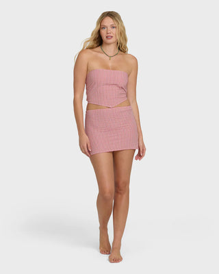 "Billabong So Micro Mini Skirt in Pink Sunset — women's lightweight woven micro-mini pull-on skirt"