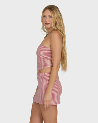 "Billabong So Micro Mini Skirt in Pink Sunset — women's lightweight woven micro-mini pull-on skirt"