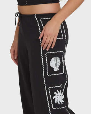 "Billabong Sea Side Dreamer Pants in Black Sands — women's flowy woven wide-leg pull-on pants"