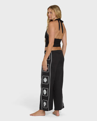"Billabong Sea Side Dreamer Pants in Black Sands — women's flowy woven wide-leg pull-on pants"