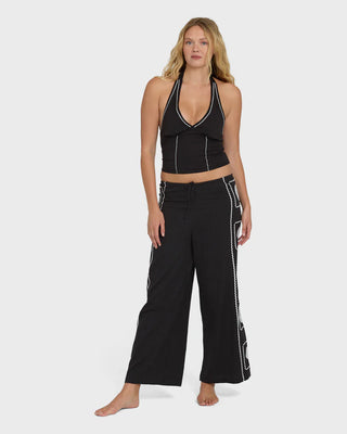 "Billabong Sea Side Dreamer Pants in Black Sands — women's flowy woven wide-leg pull-on pants"