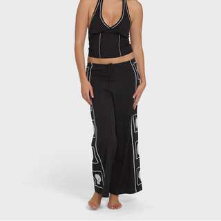 "Billabong Sea Side Dreamer Pants in Black Sands — women's flowy woven wide-leg pull-on pants"
