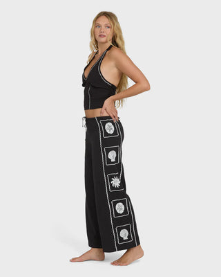 "Billabong Sea Side Dreamer Pants in Black Sands — women's flowy woven wide-leg pull-on pants"