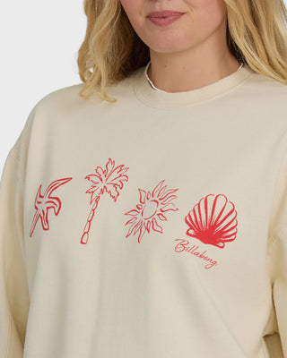 Beige sweatshirt with red graphics and 'Billabong' branding on a white background