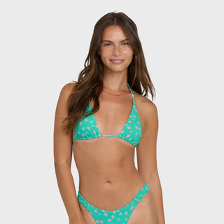 "Billabong Ship Wrecked Multi Triangle Bikini Top in Green Tropics — women's vibrant tropical print adjustable triangle bikini top"