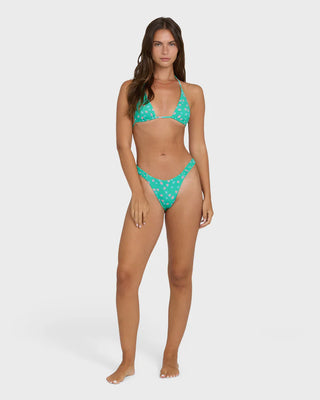 Billabong Ship Wrecked Sunni Bikini Bottoms in Green Tropics, high-leg scrunch side seam bikini bottom in 82% partially recycled polyester 18% spandex knit with slim sides, super cheeky back coverage, and logo embroidery at center back
