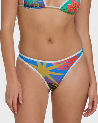 Colorful bikini with tropical patterns on a plain background