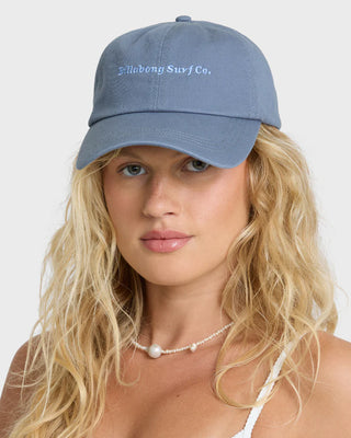 "Billabong Curved Bill Dad Cap in Blue Smoke — women's unstructured low-profile cap, 100% cotton twill, O5 embroidered logo"