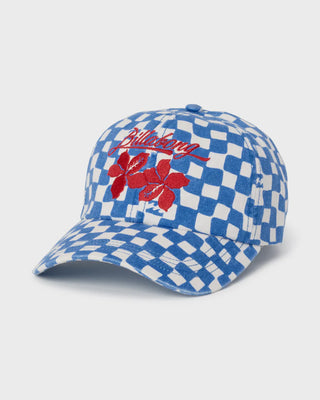 Blue and white checkered cap with red floral design and 'Billabong' logo on a white background
