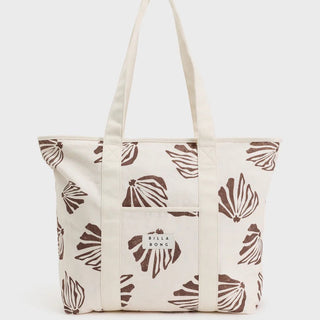 Billabong cotton canvas tote bag in salt crystal color with logo patch, long straps, and spacious interior.