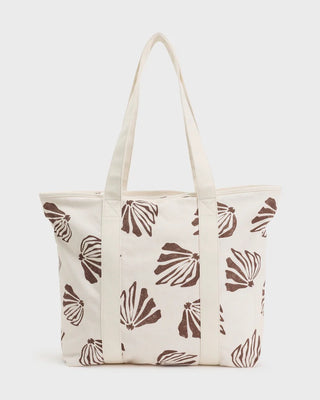 Billabong cotton canvas tote bag in salt crystal color with logo patch, long straps, and spacious interior.