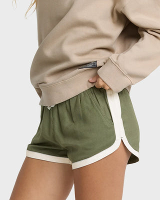 Billabong Road Trippin Shorts in Canteen — regular fit woven beach short with elastic drawcord waist, side seam pockets, and contrast binding detail in cotton-viscose twill