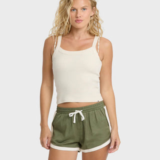 Billabong Road Trippin Shorts in Canteen — regular fit woven beach short with elastic drawcord waist, side seam pockets, and contrast binding detail in cotton-viscose twill