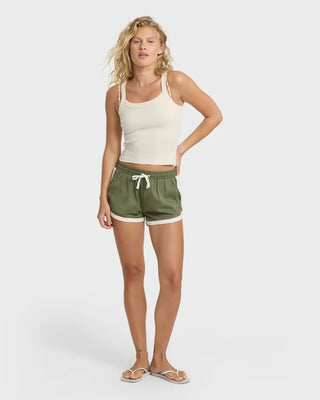 Billabong Road Trippin Shorts in Canteen — regular fit woven beach short with elastic drawcord waist, side seam pockets, and contrast binding detail in cotton-viscose twill