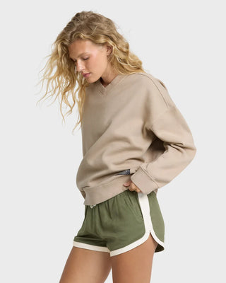 Billabong Road Trippin Shorts in Canteen — regular fit woven beach short with elastic drawcord waist, side seam pockets, and contrast binding detail in cotton-viscose twill