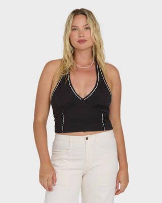 Billabong Sunny Sometimes Solid Tank Top in Black Sands, cropped woven halter top in 60% cotton 40% viscose slub blend with self-tie neckline, smocked back panel, embroidery detailing throughout, and metal logo plate