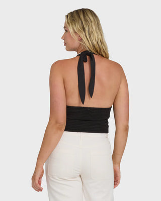 Billabong Sunny Sometimes Solid Tank Top in Black Sands, cropped woven halter top in 60% cotton 40% viscose slub blend with self-tie neckline, smocked back panel, embroidery detailing throughout, and metal logo plate