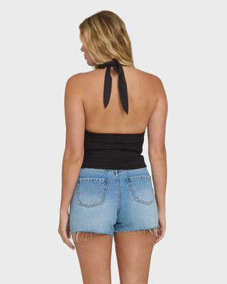 Billabong Sunny Sometimes Solid Tank Top in Black Sands, cropped woven halter top in 60% cotton 40% viscose slub blend with self-tie neckline, smocked back panel, embroidery detailing throughout, and metal logo plate