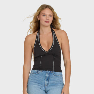 Billabong Sunny Sometimes Solid Tank Top in Black Sands, cropped woven halter top in 60% cotton 40% viscose slub blend with self-tie neckline, smocked back panel, embroidery detailing throughout, and metal logo plate