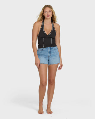 Billabong Sunny Sometimes Solid Tank Top in Black Sands, cropped woven halter top in 60% cotton 40% viscose slub blend with self-tie neckline, smocked back panel, embroidery detailing throughout, and metal logo plate