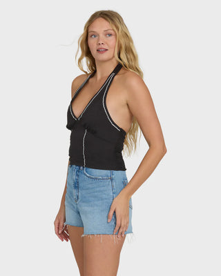 Billabong Sunny Sometimes Solid Tank Top in Black Sands, cropped woven halter top in 60% cotton 40% viscose slub blend with self-tie neckline, smocked back panel, embroidery detailing throughout, and metal logo plate