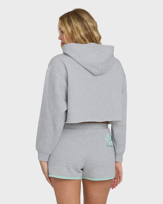 Billabong heather gray fleece shorts with dolphin hem, contrast trim, elastic waistband, and soft fabric construction.
