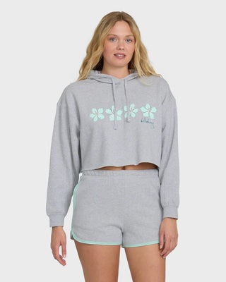 Billabong heather gray fleece shorts with dolphin hem, contrast trim, elastic waistband, and soft fabric construction.
