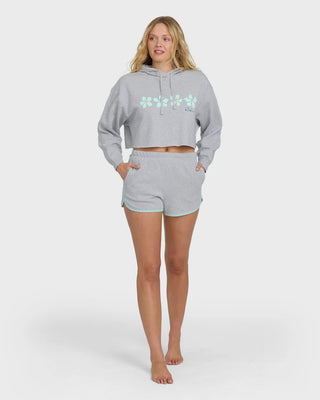 Billabong heather gray fleece shorts with dolphin hem, contrast trim, elastic waistband, and soft fabric construction.
