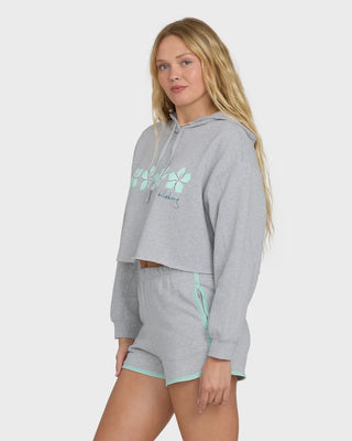 Billabong heather gray fleece shorts with dolphin hem, contrast trim, elastic waistband, and soft fabric construction.
