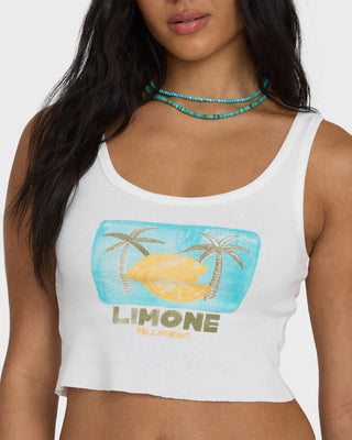 Billabong Summer Sweetness Tank Top in Salt Crystal, snug fit cropped 100% cotton 1x1 rib knit tank with scoop neckline, piece dyed and garment washed finish, Billabong artwork screen print at front, 16.5 inch length