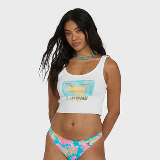 Billabong Summer Sweetness Tank Top in Salt Crystal, snug fit cropped 100% cotton 1x1 rib knit tank with scoop neckline, piece dyed and garment washed finish, Billabong artwork screen print at front, 16.5 inch length