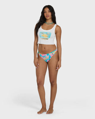 Billabong Summer Sweetness Tank Top in Salt Crystal, snug fit cropped 100% cotton 1x1 rib knit tank with scoop neckline, piece dyed and garment washed finish, Billabong artwork screen print at front, 16.5 inch length