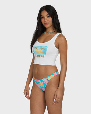 Billabong Summer Sweetness Tank Top in Salt Crystal, snug fit cropped 100% cotton 1x1 rib knit tank with scoop neckline, piece dyed and garment washed finish, Billabong artwork screen print at front, 16.5 inch length