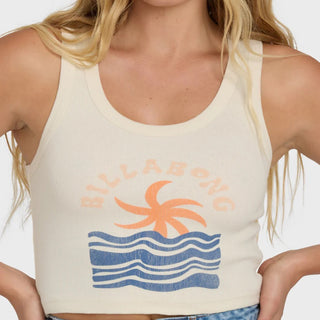 Billabong white ribbed tank top with scoop neck, fitted silhouette, and cropped length in soft stretch fabric.
