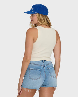 Billabong white ribbed tank top with scoop neck, fitted silhouette, and cropped length in soft stretch fabric.