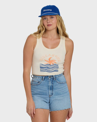 Billabong white ribbed tank top with scoop neck, fitted silhouette, and cropped length in soft stretch fabric.