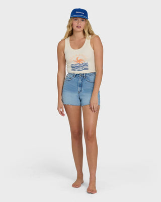 Billabong white ribbed tank top with scoop neck, fitted silhouette, and cropped length in soft stretch fabric.