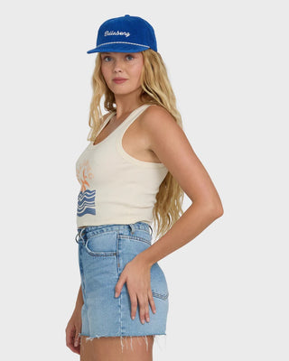 Billabong white ribbed tank top with scoop neck, fitted silhouette, and cropped length in soft stretch fabric.