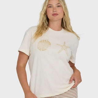 Billabong oversized white crewneck t-shirt with short sleeves and small front graphic in soft cotton knit fabric.