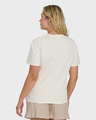 Billabong oversized white crewneck t-shirt with short sleeves and small front graphic in soft cotton knit fabric.