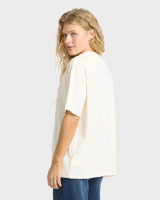 Billabong oversized white crewneck t-shirt with short sleeves and small front graphic in soft cotton knit fabric.