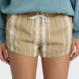 Stone Billabong Road Trippin print shorts with elastic waistband and drawcord, featuring side pockets and relaxed fit.